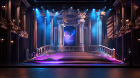 A stunning theatre stage featuring elegant architecture, dramatic lighting, and a captivating backdrop, perfect for artistic performances and events.の素材