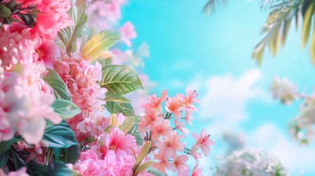 A stunning display of vibrant pink and white flowers against a dreamy soft sky background, perfect for conveying beauty, nature, and tranquility.の素材