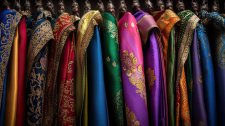 A striking collection of colorful textiles showcasing intricate designs, hanging elegantly on a display rack, celebrating artistry and culture in fabric form.の素材