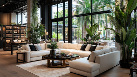 A stylish modern living room featuring a white sofa, coffee table, and lush indoor plants. Bright sunlight streams through large windows, creating a cozy atmosphere.の素材