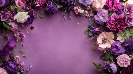 A stunning arrangement of purple and pink flowers creates a vibrant backdrop. Perfect for designs focused on beauty, nature, and elegance, this artwork adds a touch of freshness.の素材