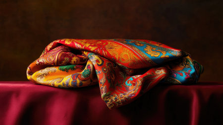This elegant silk fabric features vibrant colors and intricate patterns, creating a luxurious visual experience. Ideal for fashion or interior design projects.の素材