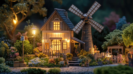 A charming cottage with a windmill is beautifully illuminated at dusk surrounded by vibrant gardens filled with flowers and greenery, creating a serene atmosphere.の素材