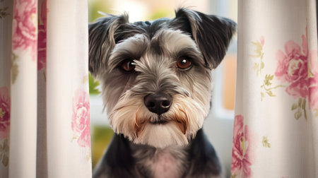 A charming small dog peeks through beautiful floral curtains, showcasing curiosity and warmth. This adorable portrait captures the essence of companionship in a cozy home setting.の素材