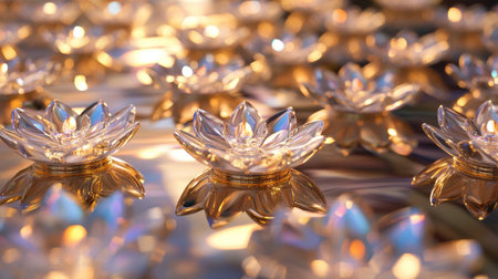 A captivating close-up of translucent flower decorations floating on a shimmering surface, capturing the essence of tranquility, beauty, and elegance in a serene setting.の素材