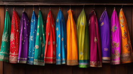 A stunning display of colorful traditional sarees hanging on a wooden hanger, showcasing a rich variety of hues and intricate embroidery. Perfect for highlighting cultural elegance.の素材