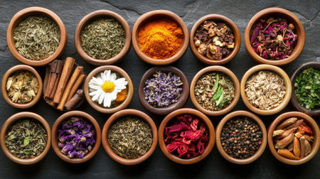 A vibrant collection of assorted spices and herbs beautifully arranged in wooden bowls on a dark slate background, showcasing rich colors and textures ideal for culinary projects.の素材