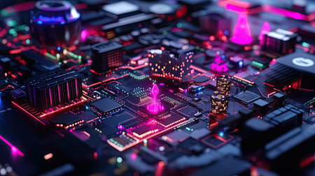 Explore a vibrant, detailed close-up of a futuristic circuit board, featuring neon lights and intricate structures, perfect for tech and digital themes.の素材