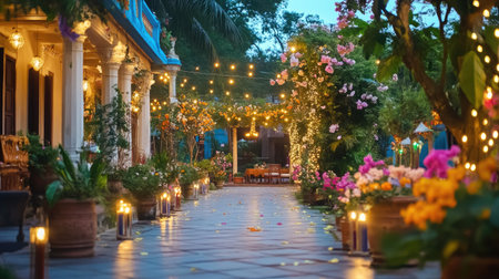 A tranquil garden pathway adorned with vibrant flowers and twinkling lights creates a calm and inviting atmosphere, perfect for evening relaxation.の素材