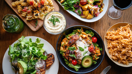 A beautifully arranged selection of vibrant dishes on a rustic wooden table, showcasing fresh ingredients and colorful presentation for a delightful dining experience.の素材