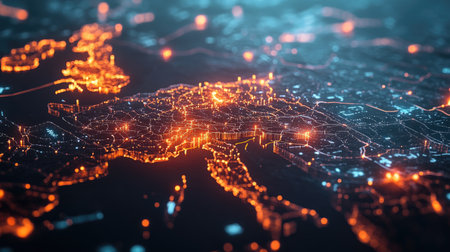 A striking aerial view showcasing illuminated cities and regions across Europe at night, highlighting the intricate network of urban areas and modern connections.の素材