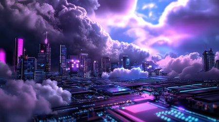 A stunning futuristic cityscape featuring a dynamic skyline at night, adorned with vibrant clouds and colorful lights illuminating the urban landscape.の素材