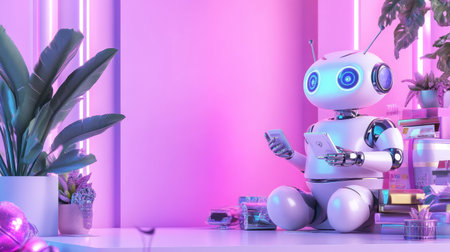 A charming humanoid robot interacts with a smartphone in a vibrant pink neon setting, surrounded by plants and books, creating a cozy modern atmosphere for innovation and leisure.の素材