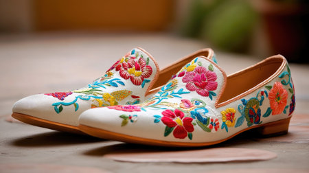Discover these elegant handcrafted shoes featuring intricate floral embroidery. Perfect for stylish occasions, they combine comfort with artistic expression.の素材