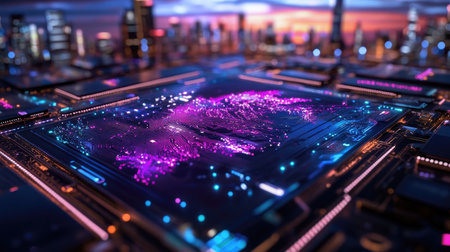 This stunning digital art piece features a glowing cityscape with vibrant neon lights overlaid on a detailed circuit board design, embodying technology and innovation.の素材