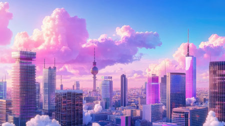 A stunning urban skyline at sunset, featuring vibrant pink clouds and modern skyscrapers. The colors create a dreamlike atmosphere perfect for travel and lifestyle themes.の素材