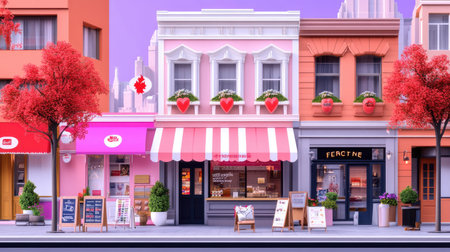 This vibrant street scene showcases charming shops and a bakery, featuring colorful facades and decorative elements. Ideal for themes of urban lifestyle and shopping.の素材