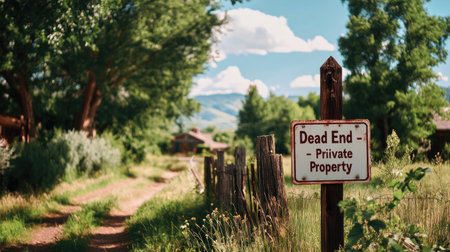 A beautiful rural scene featuring a dead end sign, nestled among lush greenery, wooden fences, and a tranquil dirt path. Perfect for evoking peace.の素材