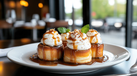 A visually appealing dessert featuring a moist cake base topped with creamy whipped topping, drizzled with rich caramel sauce, perfect for any sweet tooth.の素材