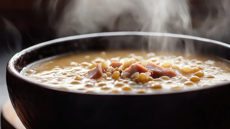 A steaming bowl of creamy soup garnished with herbs and ingredients, perfect for a comforting meal. This close-up shot showcases delicious culinary details.の素材