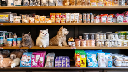A vibrant pet store display featuring a variety of pet food and supplies, showcasing adorable cats and a dog on the shelves, perfect for animal lovers.の素材