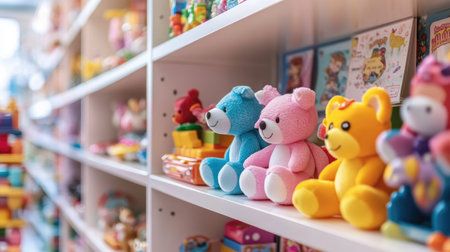 A charming display of colorful plush toys, showcasing an inviting atmosphere in a toy store. Perfect for evoking feelings of joy and nostalgia.の素材