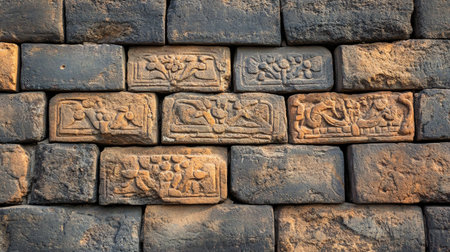 Discover a collection of ancient stone carvings featuring intricate designs on a dark wall. These historical artifacts reveal rich cultural narratives and craftsmanship.の素材