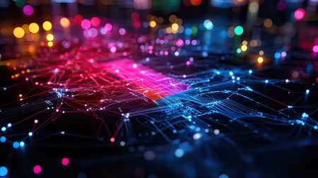 A vivid and colorful abstract representation of digital connections and networks, showcasing glowing lines and vibrant lights on a dark reflective surface.の素材