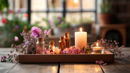 A serene spa setup featuring elegant candles and essential oil bottles on a wooden tray adorned with flowers, creating a tranquil environment for relaxation.の素材