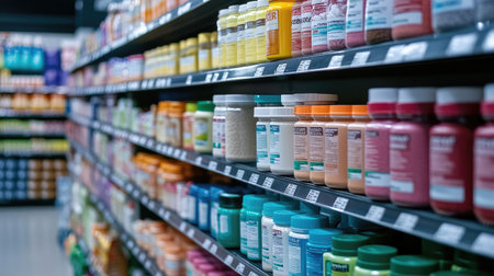 Brightly colored bottles of supplements and vitamins line a grocery store aisle, showcasing a variety of health products available to consumers for wellness.の素材