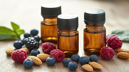 A serene arrangement of essential oil bottles surrounded by fresh berries and almonds. Perfect for wellness and aromatherapy-themed projects.の素材