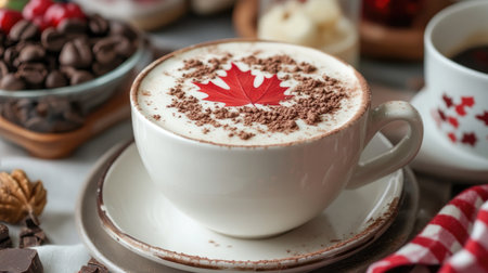 Warm coffee cup topped with a maple leaf and cocoa, surrounded by delicious treats. Perfect for cozy moments during winter holidays or brunch gatherings.の素材
