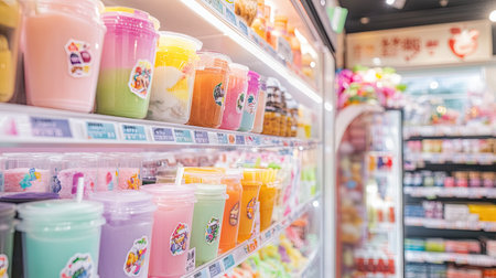 A vibrant collection of refreshing drinks displayed in a convenience store fridge, showcasing an array of colorful packaging, perfect for a hot day.の素材