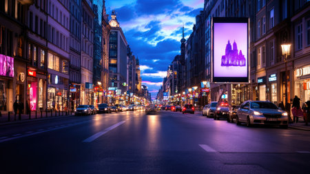 A bustling city street captured at dusk, showcasing vibrant neon lights and an illuminated billboard. The scene is lively with cars and pedestrians, offering an urban atmosphere.の素材