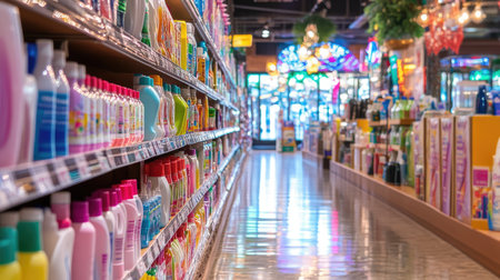 Brightly lit supermarket aisle filled with various colorful cleaning products. Shelves display a wide range of bottles and containers, inviting shoppers.の素材