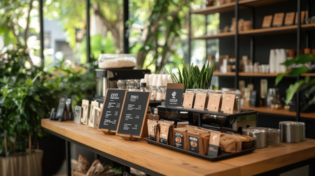 A warm and inviting coffee shop interior showcasing a variety of products, surrounded by greenery and natural light, perfect for relaxation and enjoying beverages.の素材