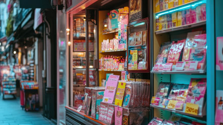 A vibrant storefront featuring an array of magazines and snacks. The colorful display attracts attention in an urban environment, inviting shoppers to explore its offerings.の素材