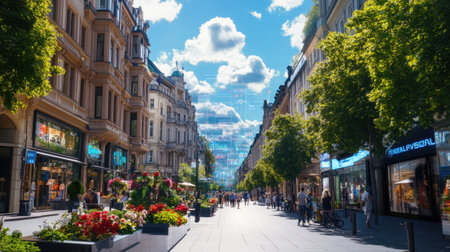 A lively street scene featuring shops, blooming flowers, and people enjoying a sunny day under a bright blue sky with fluffy clouds. Perfect for urban lifestyle themes.の素材