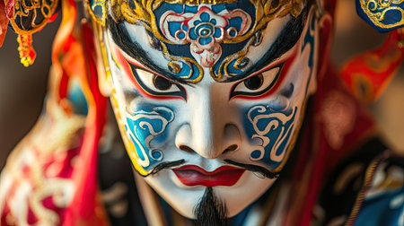 A striking portrait of a traditional Chinese opera performer showcasing intricate face makeup and vibrant costume, reflecting cultural heritage and artistic expression.の素材