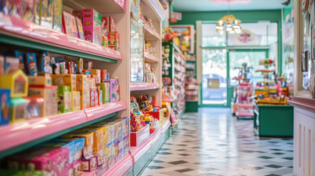 A vibrant toy store aisle filled with an array of colorful packaging and cheerful displays. Perfectly designed for children, this inviting space offers a delightful shopping experience.の素材