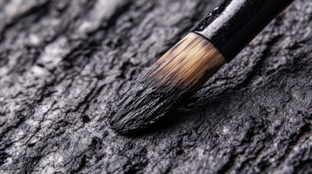 A detailed close-up image of a paint brush applying black paint on a textured surface. The focus on the bristles and texture highlights the artistry involved in painting.の素材