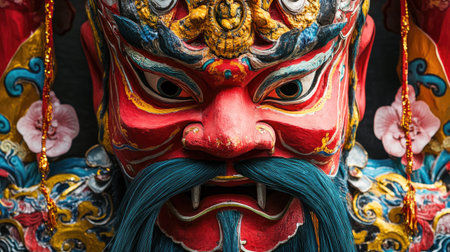 This vibrant Asian god mask features intricate designs and dramatic colors, showcasing the rich artistry and cultural significance within traditional rituals.の素材