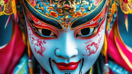 This vibrant portrait captures the intricate details of a traditional Asian opera mask, showcasing the artistry and emotion behind theatrical performances.の素材