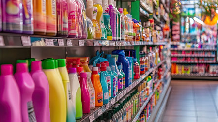A vibrant display of assorted cleaning products in bottles, showcasing a colorful arrangement on grocery store shelves, inviting consumers to shop.の素材