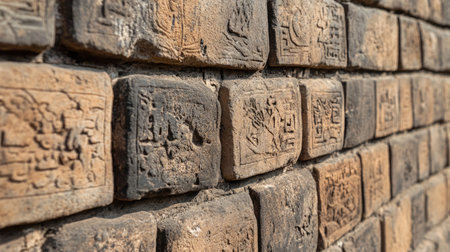 Close-up view of ancient clay tablets featuring intricate carvings. These historic artifacts showcase detailed inscriptions and provide insight into past civilizations.の素材