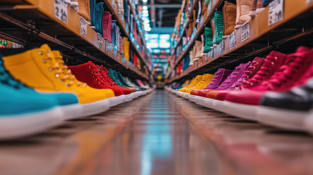 A vibrant display of colorful sneakers arranged neatly in a retail aisle. The bright colors and organized layout invite shoppers to explore fashionable footwear choices.の素材