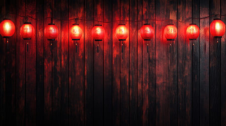 A stunning display of red lanterns hanging against a dark wooden wall, creating a warm and inviting ambiance. Perfect for festive decorations or cultural themes.の素材