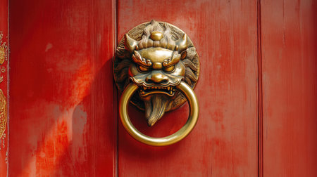 This striking image features an ornate lion door knocker mounted on a vibrant red wooden door. The intricate details of the metalwork add a sense of history and grandeur.の素材