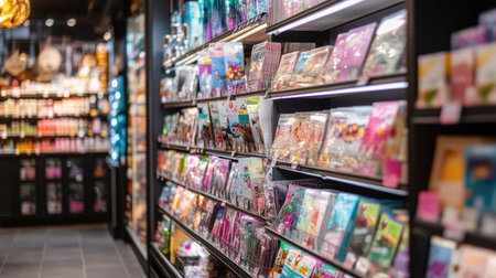A vibrant display of greeting cards in a modern gift shop, featuring colorful arrangements and unique designs that enhance the shopping experience.の素材