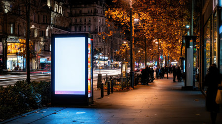 A captivating urban night scene showcases a blank billboard on a busy street, surrounded by vibrant fall trees and city lights, capturing a lively atmosphere.の素材